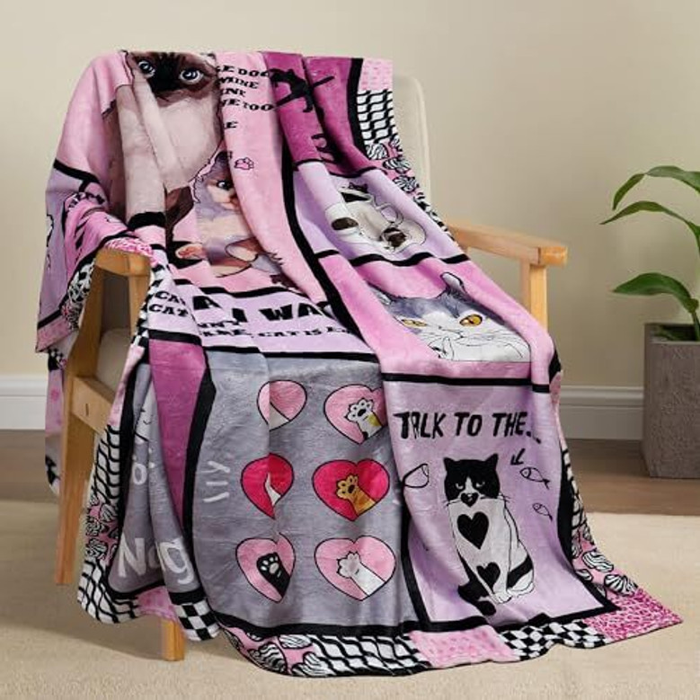 Cozy Funny Cat Flannel Fleece Blanket - Ideal Gifts For Women And Girls, Cat-Themed Decor For Bed, Chair, Couch
