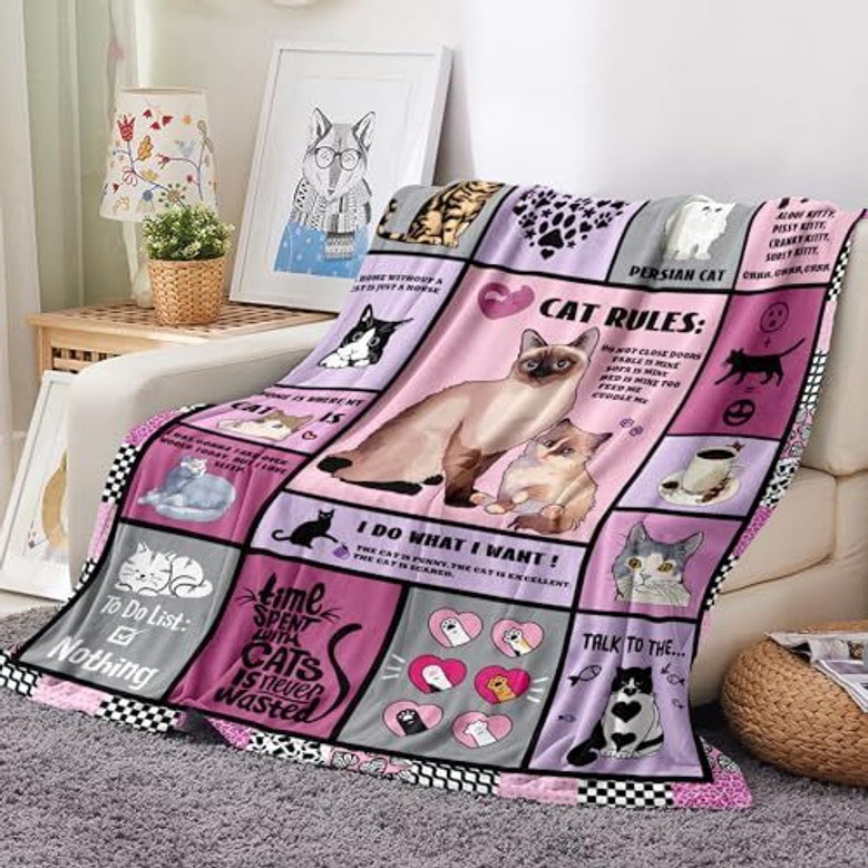 Cozy Funny Cat Flannel Fleece Blanket - Ideal Gifts For Women And Girls, Cat-Themed Decor For Bed, Chair, Couch