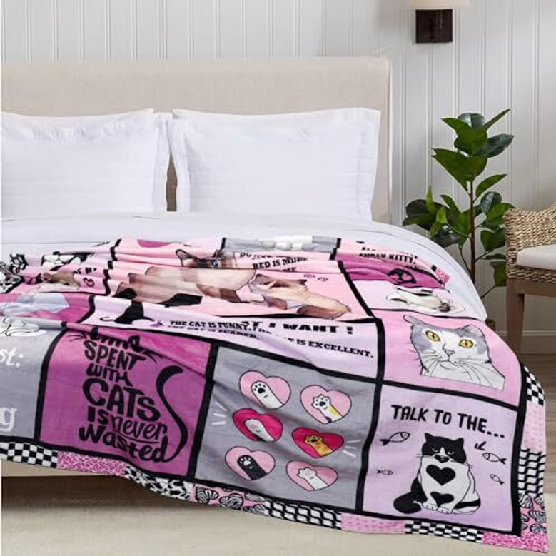 Cozy Funny Cat Flannel Fleece Blanket - Ideal Gifts For Women And Girls, Cat-Themed Decor For Bed, Chair, Couch