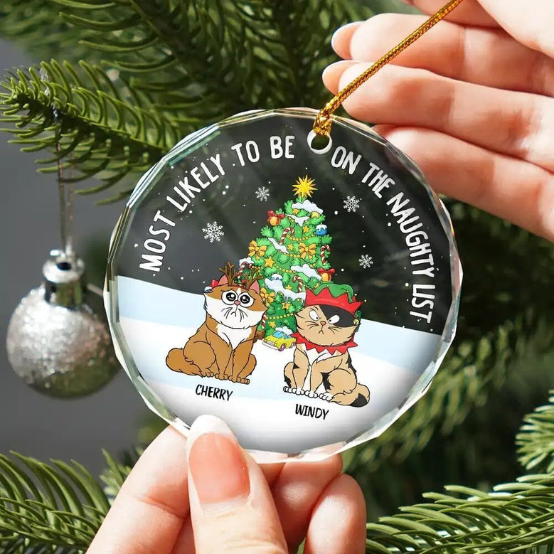 Personalized Naughty Cat Glass Ornament For Pet Lovers Christmas Gift