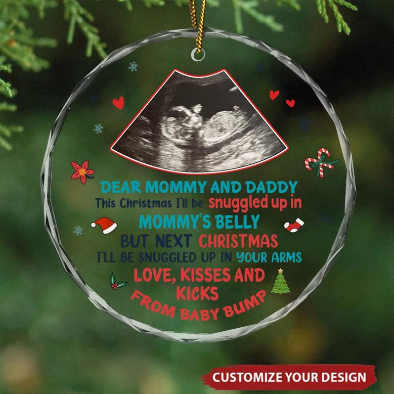 Heartfelt Family Photo Pregnancy Ornament 2024 For New Parents - Personalized Glass Circle Christmas Decoration