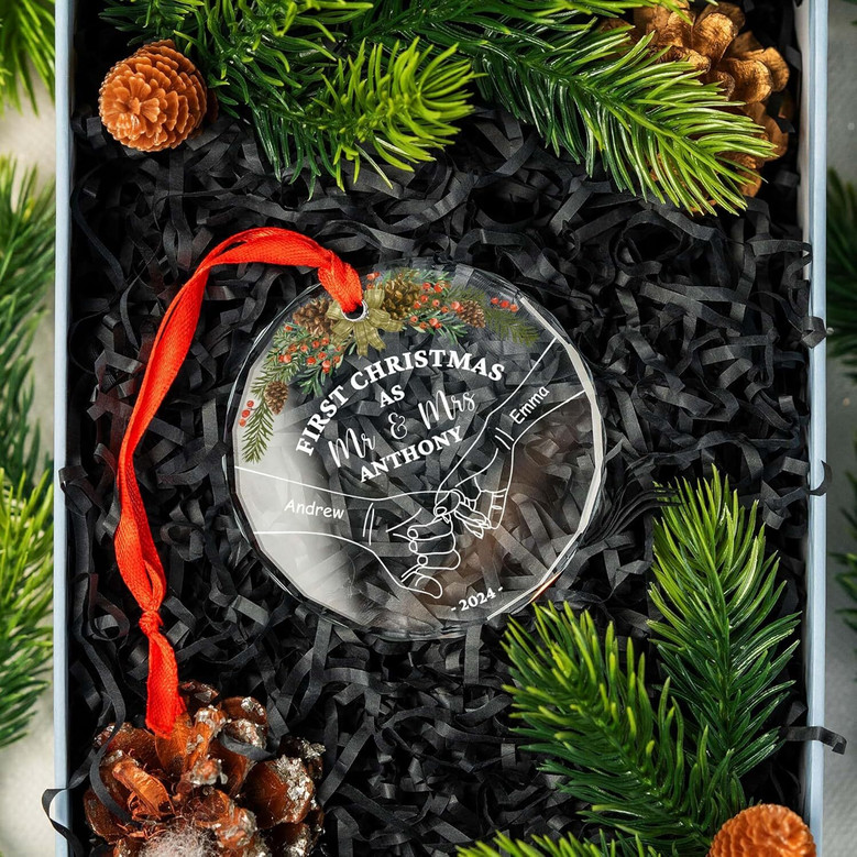 Heartfelt First Christmas 2024 Ornament For Newlywed Couples – Personalized Glass Keepsake For Mr And Mrs Holding Hands