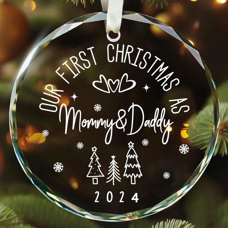 Glass Family Ornament 2024 For New Mom And Dad - Baby's First Christmas Keepsake