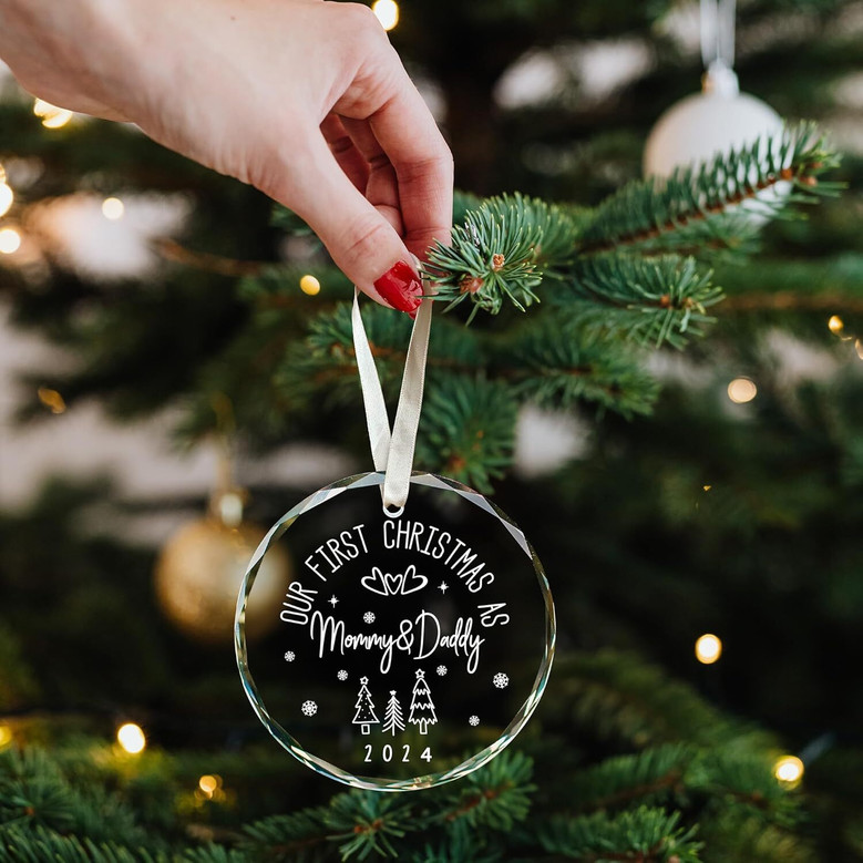 Glass Family Ornament 2024 For New Mom And Dad - Baby's First Christmas Keepsake