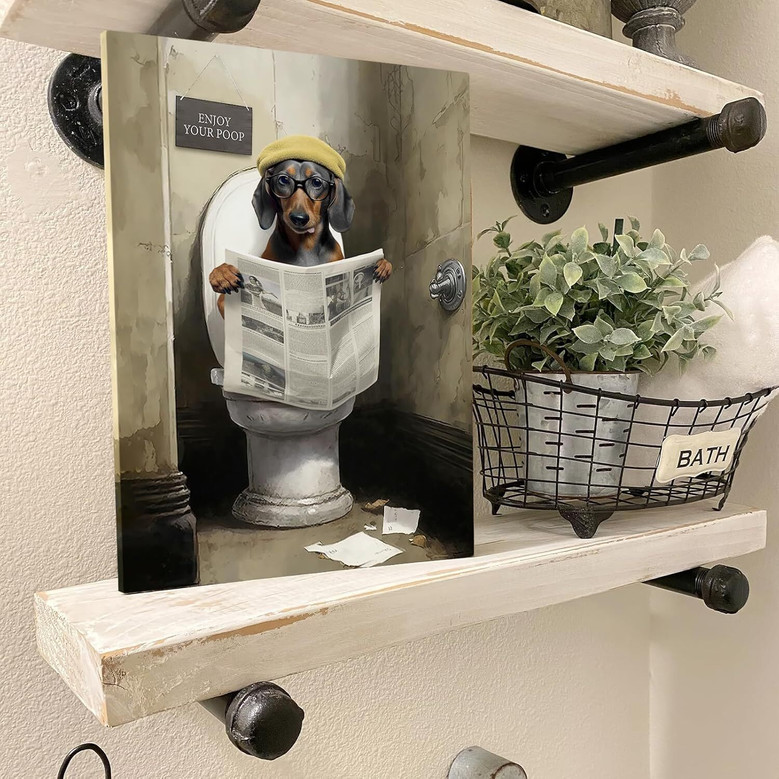 Funny Dachshund Reading Newspaper Canvas Art Farmhouse Bathroom Decor 