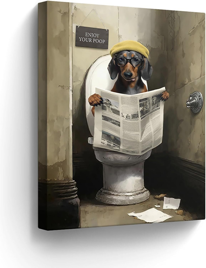 Funny Dachshund Reading Newspaper Canvas Art Farmhouse Bathroom Decor 