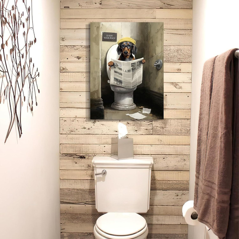 Funny Dachshund Reading Newspaper Canvas Art Farmhouse Bathroom Decor 