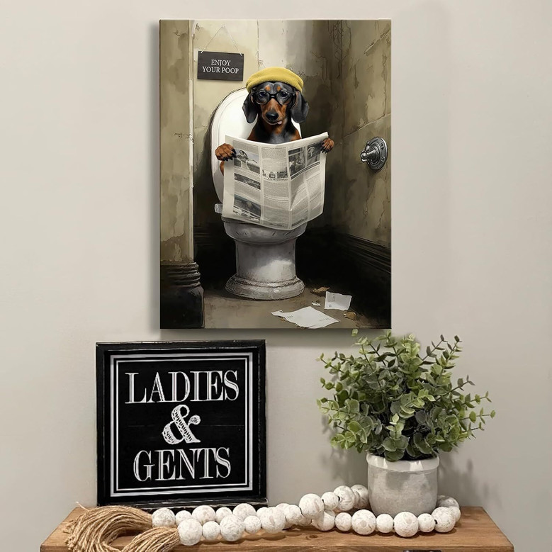 Funny Dachshund Reading Newspaper Canvas Art Farmhouse Bathroom Decor 