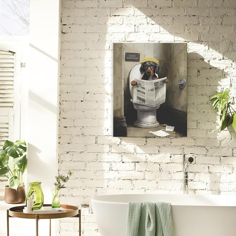 Funny Dachshund Reading Newspaper Canvas Art Farmhouse Bathroom Decor 
