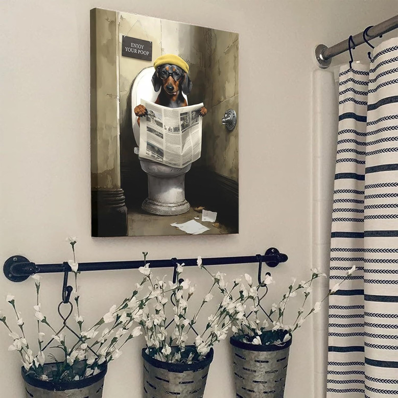 Funny Dachshund Reading Newspaper Canvas Art Farmhouse Bathroom Decor 