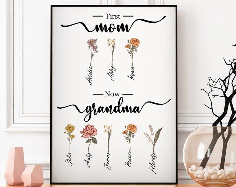 Heartfelt Birth Month Flowers Canvas For Grandma's Garden - Personalized Mother Day Gift For Grandma, Great-Grandma, And Mom