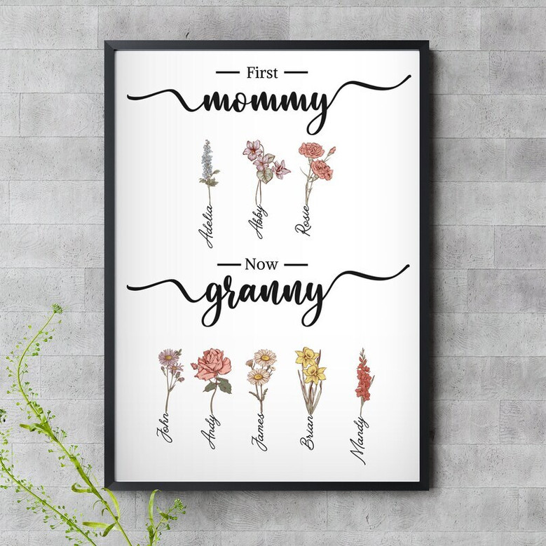 Personalized First Mom Now Grandma Birth Month Flowers Canvas - Mother Wall Art For Mom And Grandma