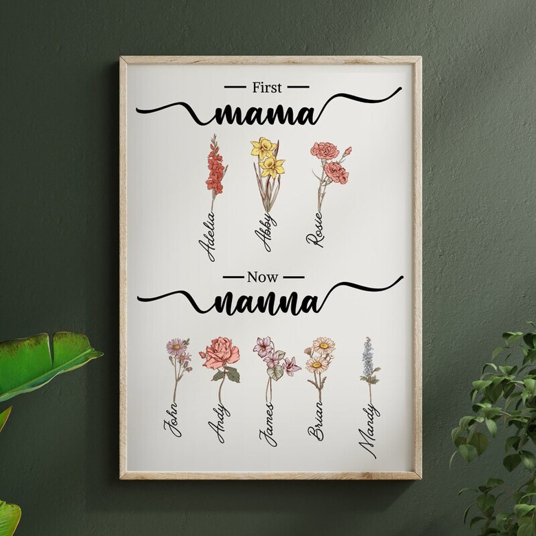 Personalized First Mom Now Grandma Birth Month Flowers Canvas - Mother Wall Art For Mom And Grandma