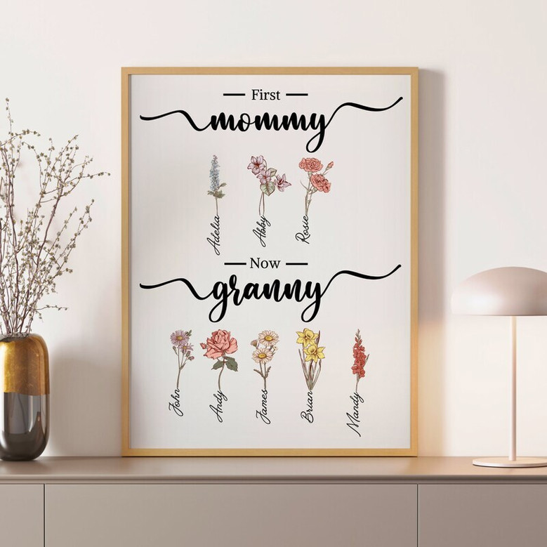 Personalized First Mom Now Grandma Birth Month Flowers Canvas - Mother Wall Art For Mom And Grandma