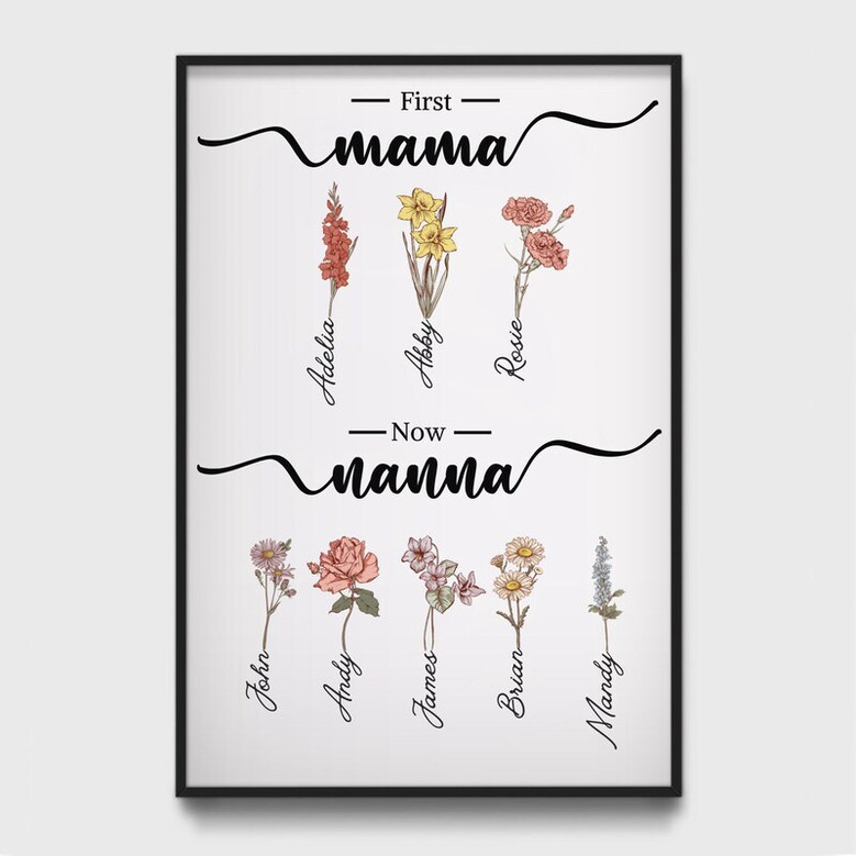 Personalized First Mom Now Grandma Birth Month Flowers Canvas - Mother Wall Art For Mom And Grandma