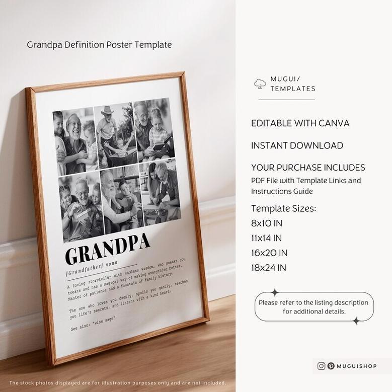 Thoughtful Grandpa Definition Canvas With Custom Photo Collage For Father's Day - Pop Pop Wall Art Gift