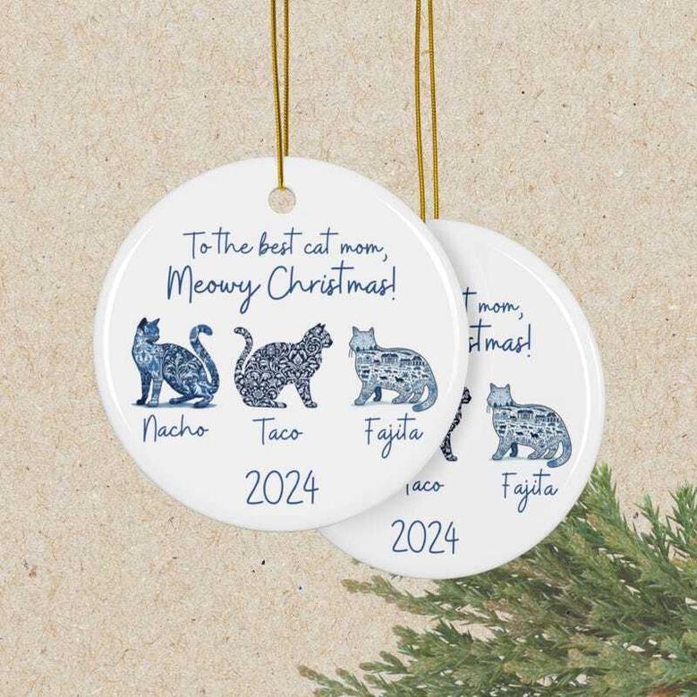 Thoughtful Cat Mom Ornament For Childless Cat Lady - 2024 Blue Toile Christmas Gift For Cat Mama Lovers