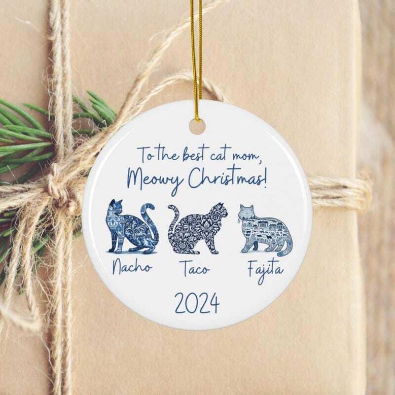 Thoughtful Cat Mom Ornament For Childless Cat Lady - 2024 Blue Toile Christmas Gift For Cat Mama Lovers