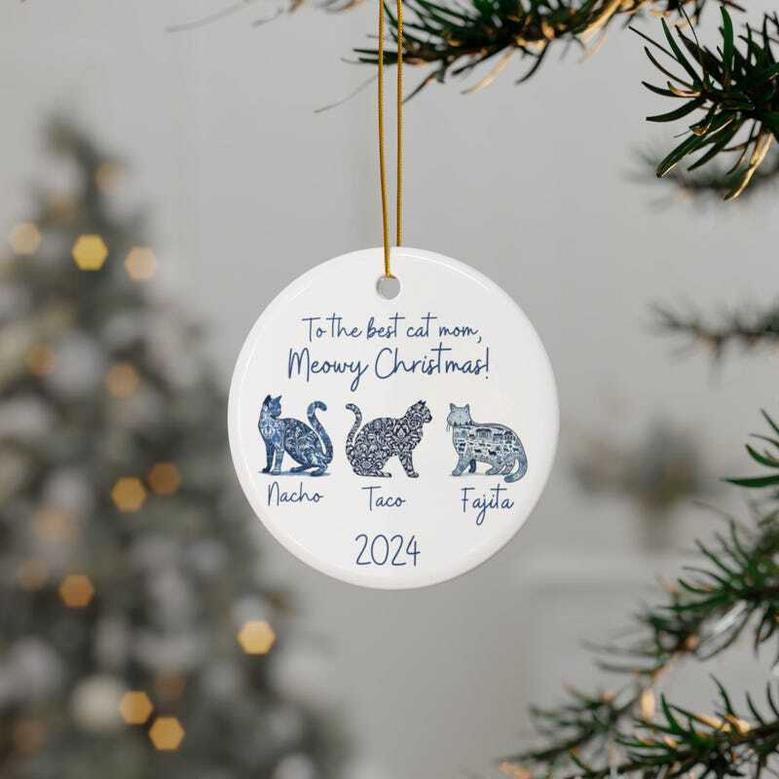 Thoughtful Cat Mom Ornament For Childless Cat Lady - 2024 Blue Toile Christmas Gift For Cat Mama Lovers