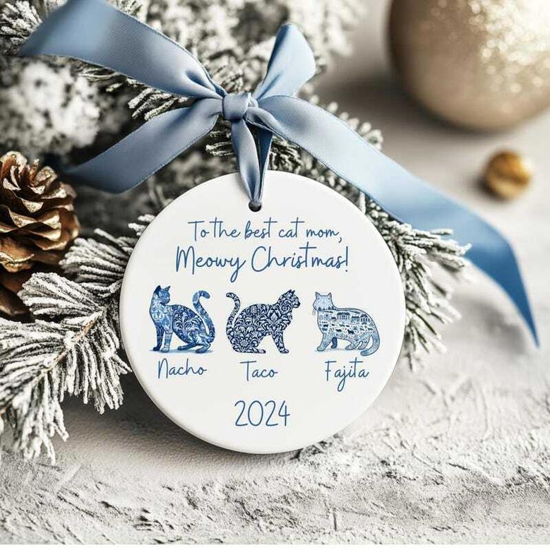 Thoughtful Cat Mom Ornament For Childless Cat Lady - 2024 Blue Toile Christmas Gift For Cat Mama Lovers