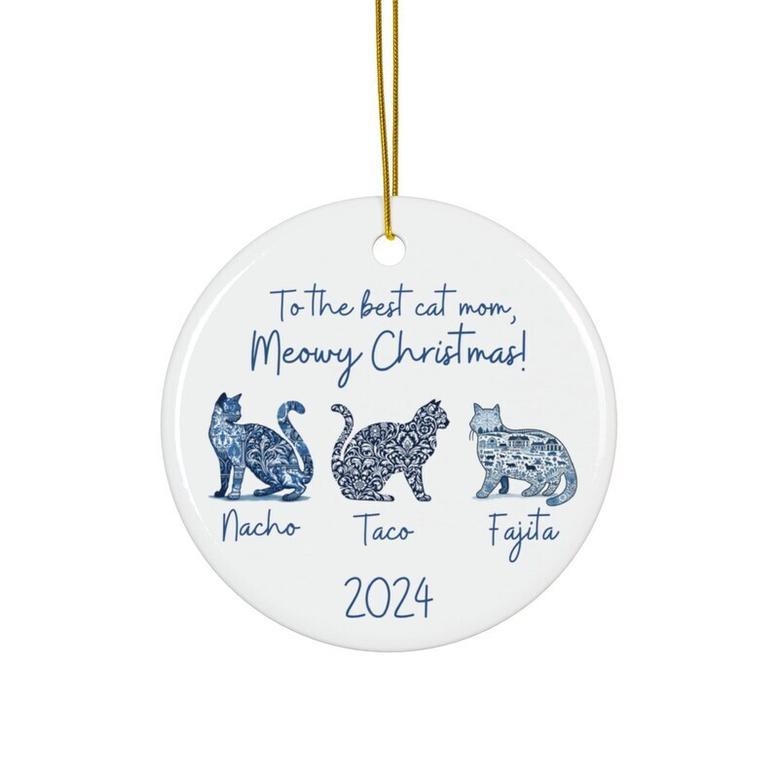 Thoughtful Cat Mom Ornament For Childless Cat Lady - 2024 Blue Toile Christmas Gift For Cat Mama Lovers