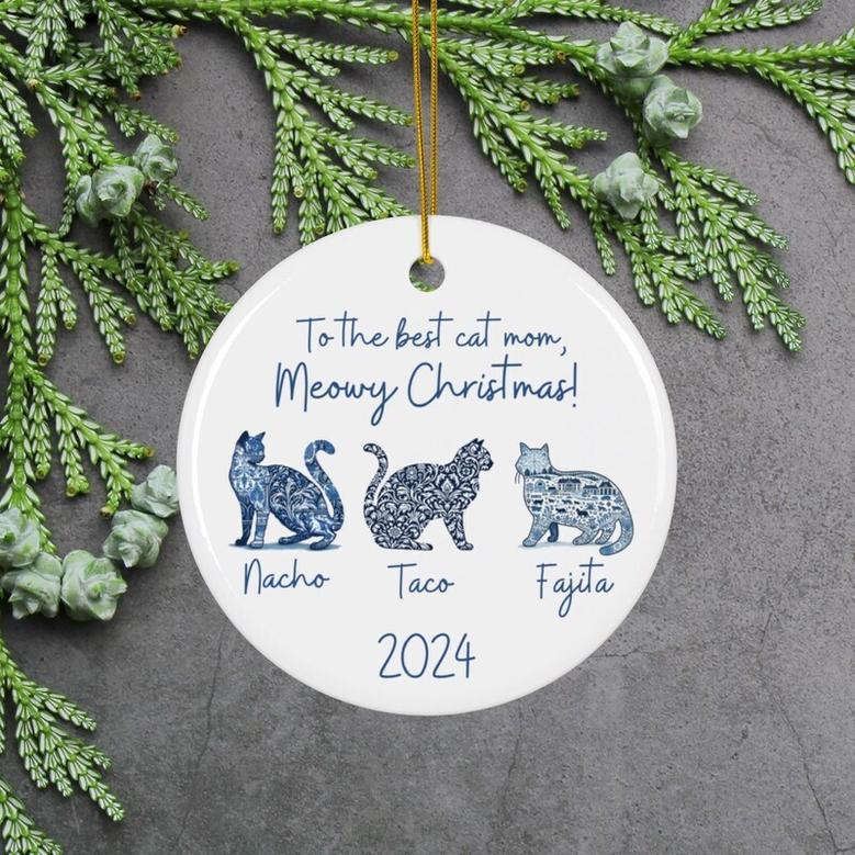 Thoughtful Cat Mom Ornament For Childless Cat Lady - 2024 Blue Toile Christmas Gift For Cat Mama Lovers