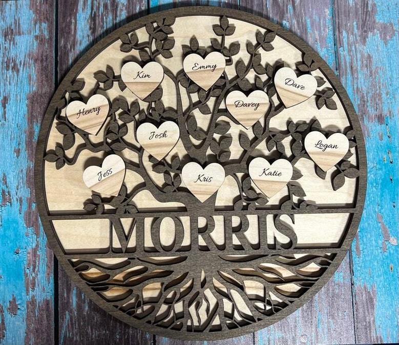 Personalized Family Tree Wall Decor Gift For Mom's Anniversary - Engraved Wood Sign For Living Room