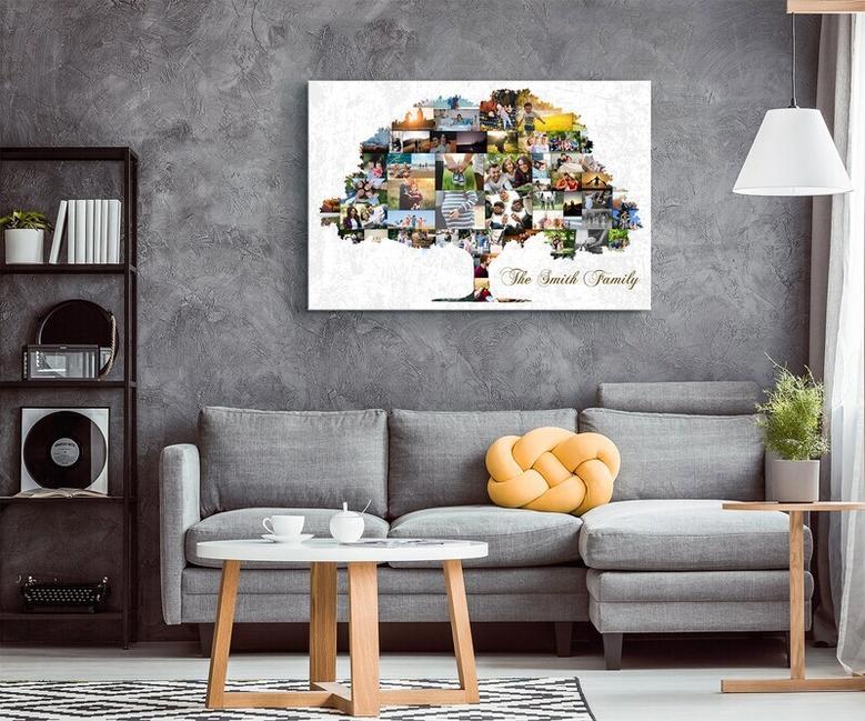 Personalized Family Tree Wall Decor Canvas With Custom Pictures, Heartfelt Gift For Living Room