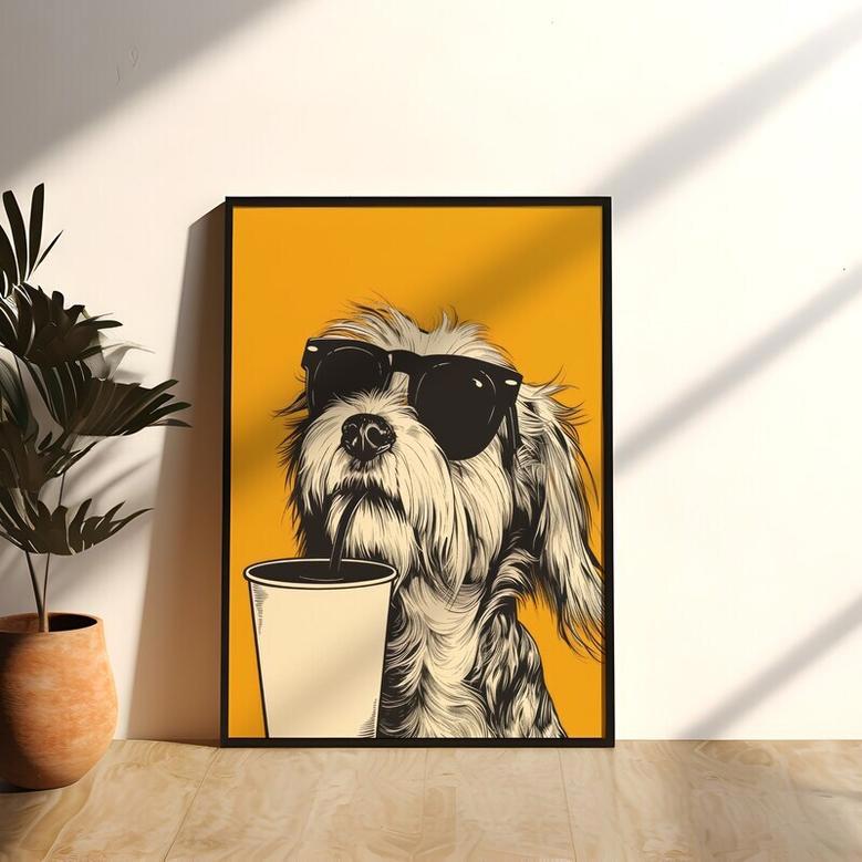 Hipster Coffee Dog Canvas Wall Art For Kitchen Or Dorm - Gift For Coffee Lovers