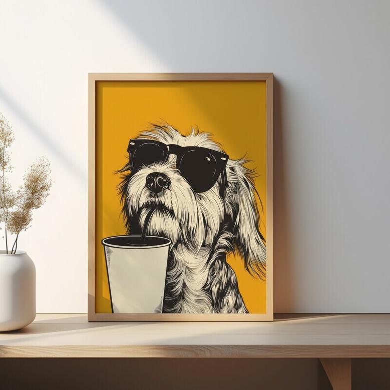 Hipster Coffee Dog Canvas Wall Art For Kitchen Or Dorm - Gift For Coffee Lovers