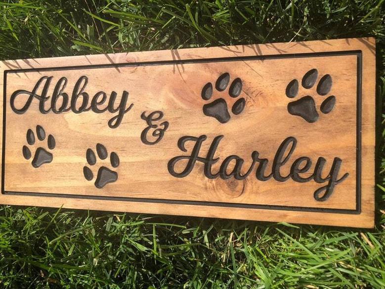 Custom Engraved Dog Wall Art For Outdoor - Personalized Paw Print Wood Sign For Pet Lovers