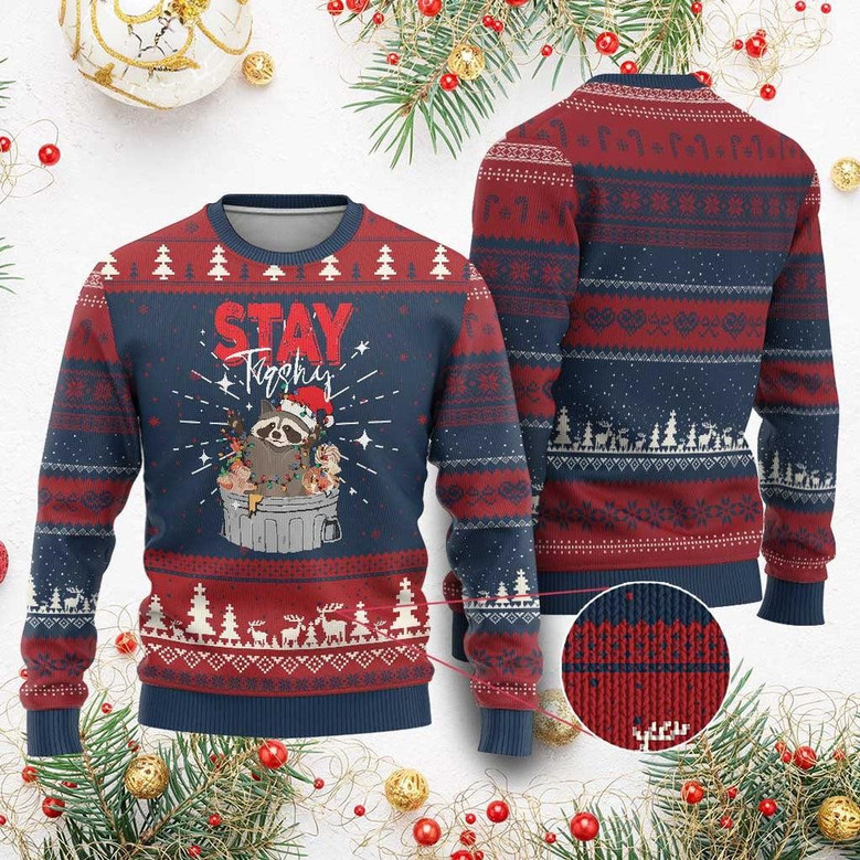 Funny Raccoon Xmas Ugly Christmas Sweater Stay Trashy Garbage Trashin Santa Hat