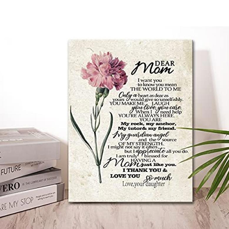 Heartfelt Mother Daughter Art Canvas - Meaningful Poem For Moms From Daughters - Carnation Theme For Bedroom & Living Room DéCor