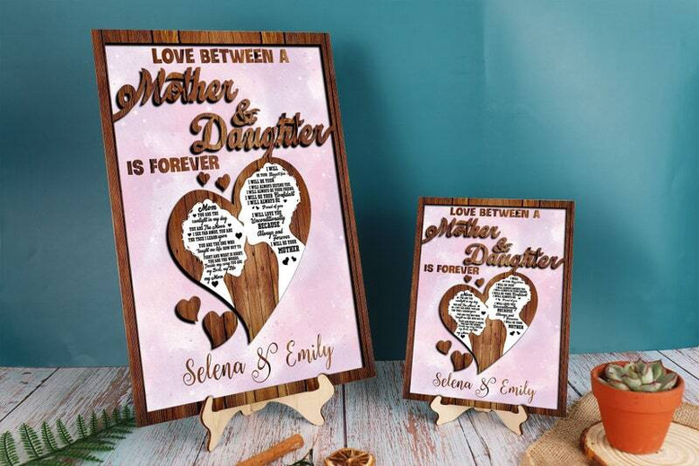 Mother daughter laser-cut wood wall sign, rectangular oak finish, custom names and short quote, perfect living room decor