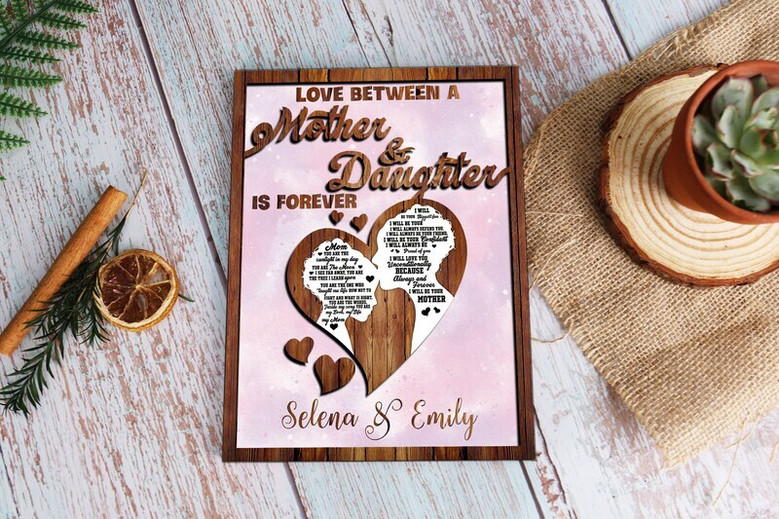 Mother daughter rustic wood hanging plaque, whitewashed finish, laser-cut design with personalized names, Mother’s Day gift
