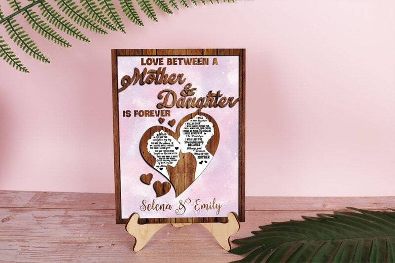 Mother daughter heart-shaped laser-cut maple wood sign, personalized with names, thoughtful birthday gift and shelf decor