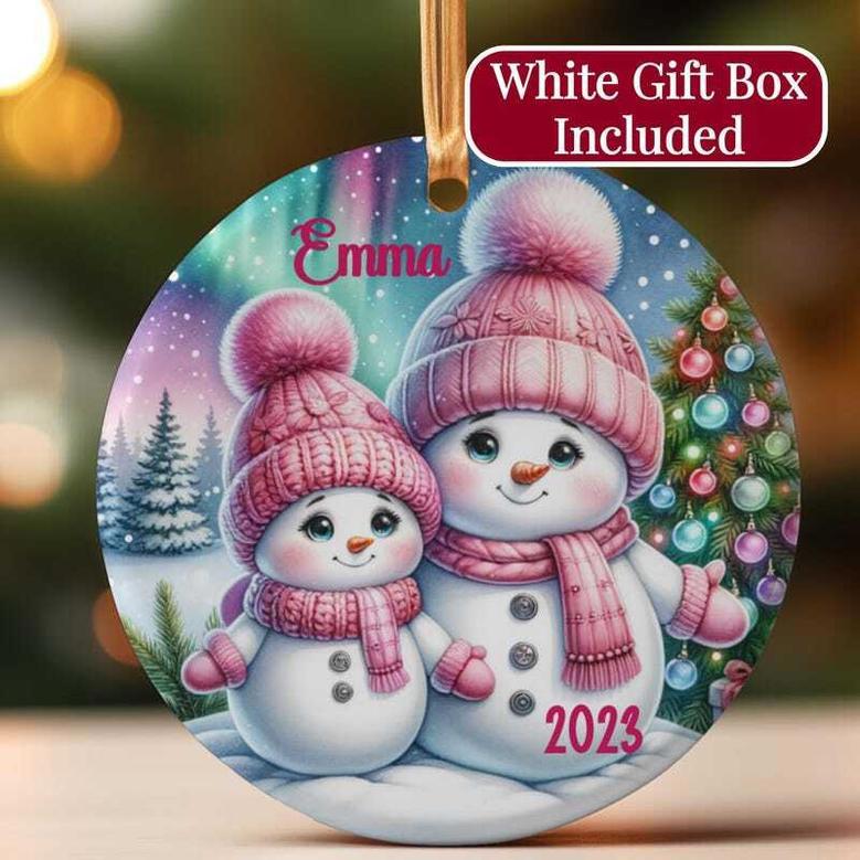 Thoughtful Mother Daughter Art Ornament - Custom Pink Snowman Gift For Christmas 2024