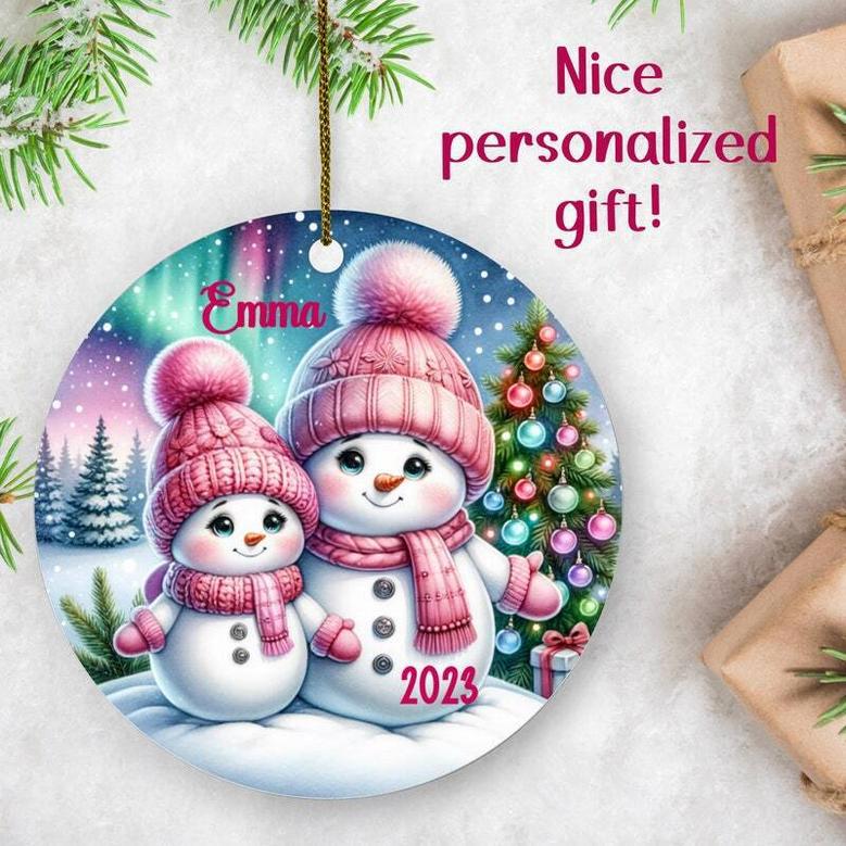 Thoughtful Mother Daughter Art Ornament - Custom Pink Snowman Gift For Christmas 2024