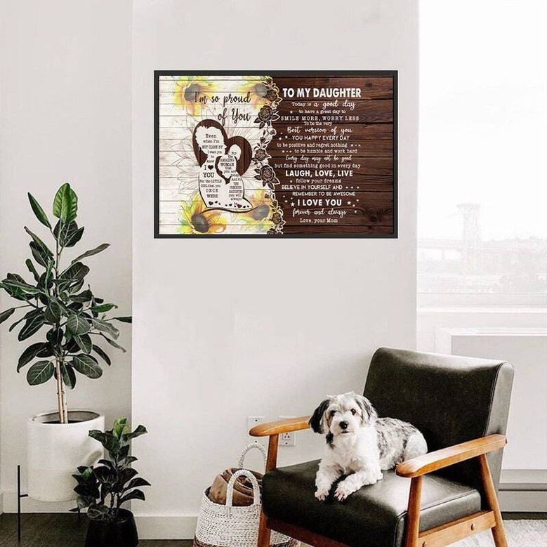 Mother daughter art canvas with 'Proud of you, Mom' in soft pastels, watercolor style, portrait layout, Mother's Day gift