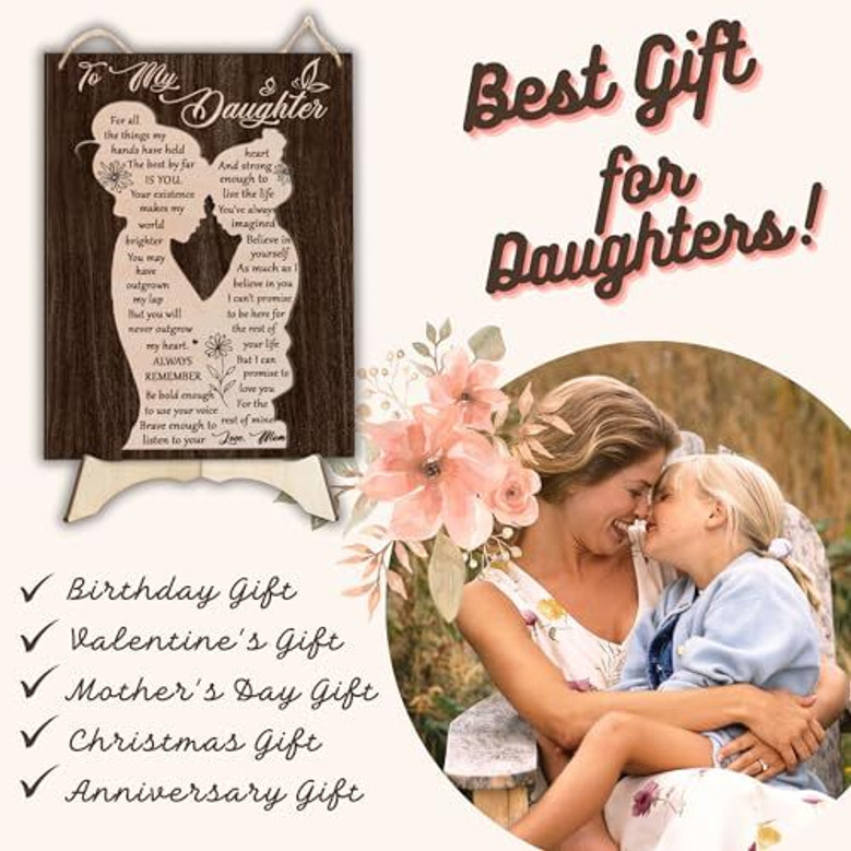 Mother-daughter art wood sign with engraved quote and natural wood finish, a sweet birthday gift for your daughter from mom