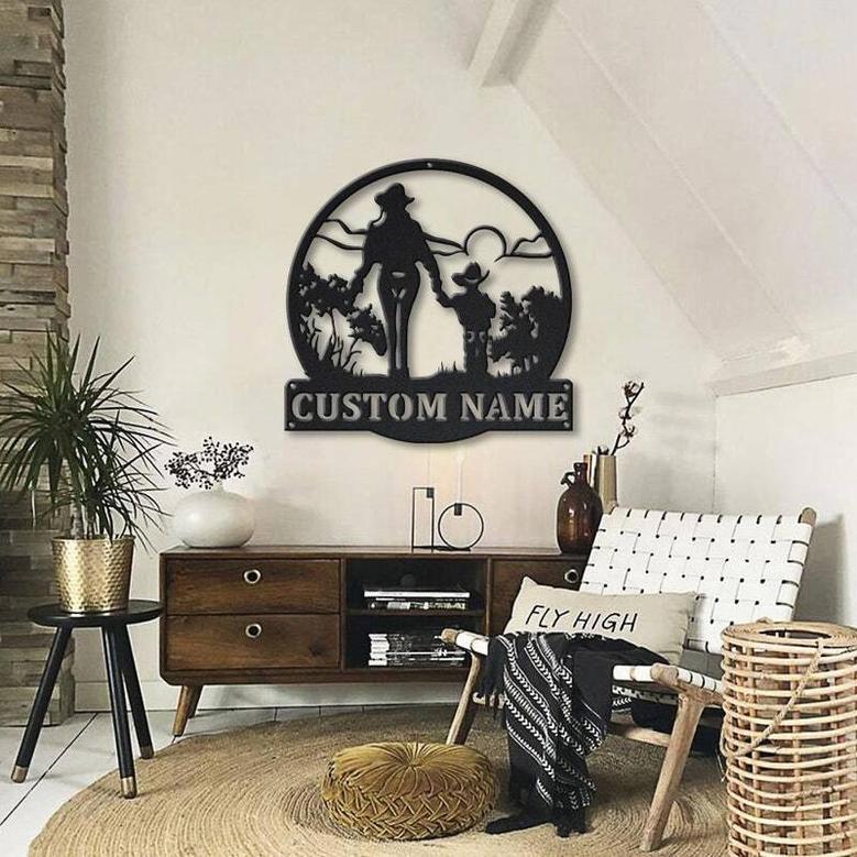 Custom Mother Son Monogram Metal Sign For Living Room - Cowgirl-Themed Wall Art