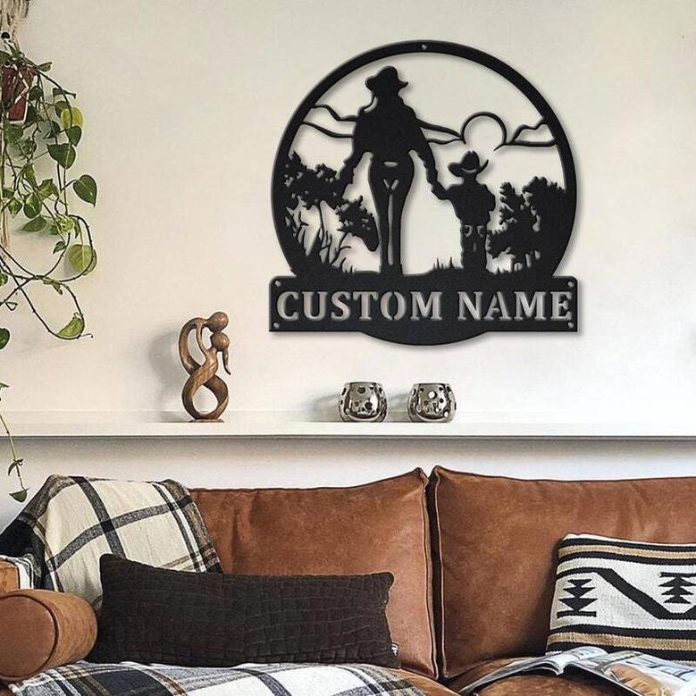 Custom Mother Son Monogram Metal Sign For Living Room - Cowgirl-Themed Wall Art