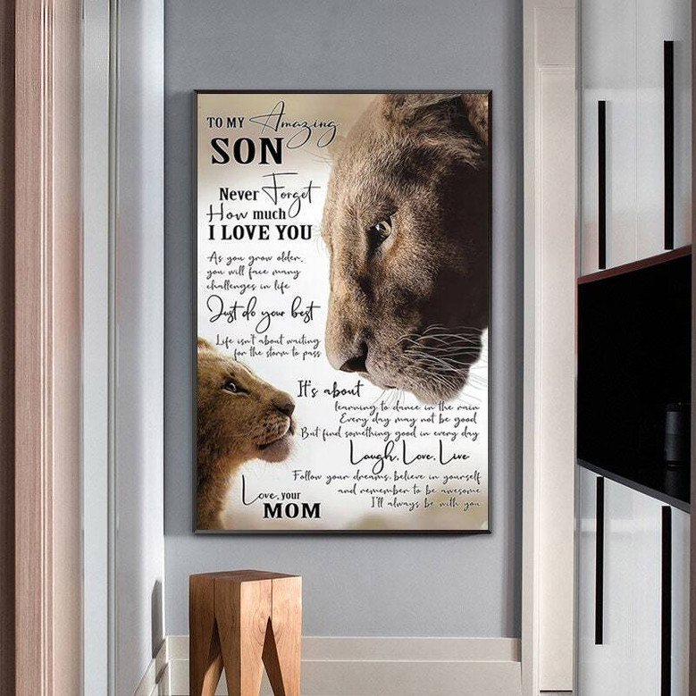 Mother son lion motivational wall art, personalized with child's name, meaningful Mother's Day gift for living room