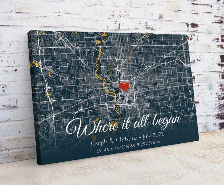 Romantic Where We Met Map Canvas - Personalized Anniversary, Wedding Gift For Couples