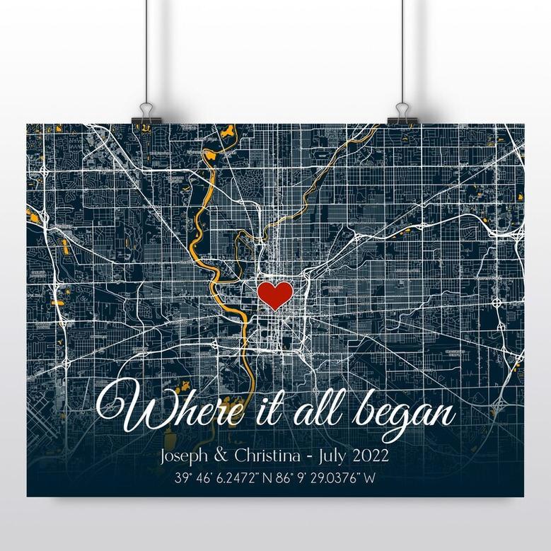 Romantic Where We Met Map Canvas - Personalized Anniversary, Wedding Gift For Couples