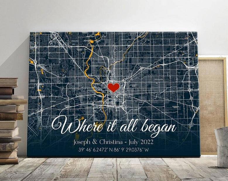 Romantic Where We Met Map Canvas - Personalized Anniversary, Wedding Gift For Couples