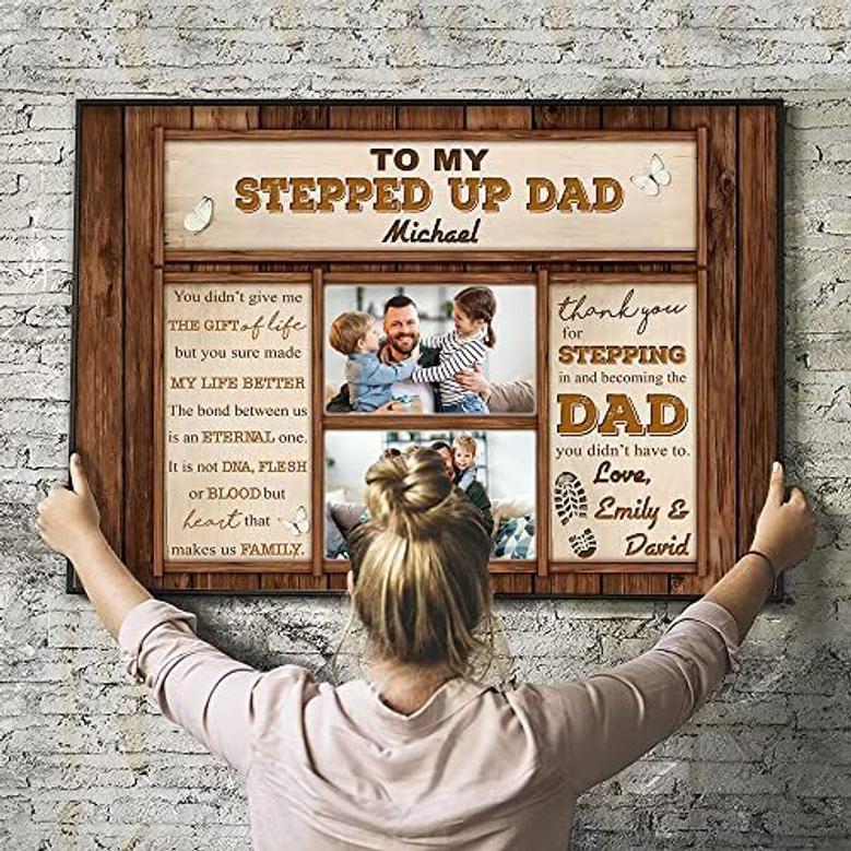 Heartfelt Step Dad Gifts Canvas - Personalized Photo Print For Birthdays & Christmas - Daughter And Son's Touching Gift