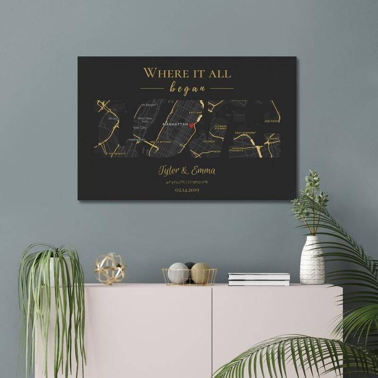 Where We Met Map Canvas - Custom Heart Design For Boyfriend, One Year Anniversary Gift Location Map Print