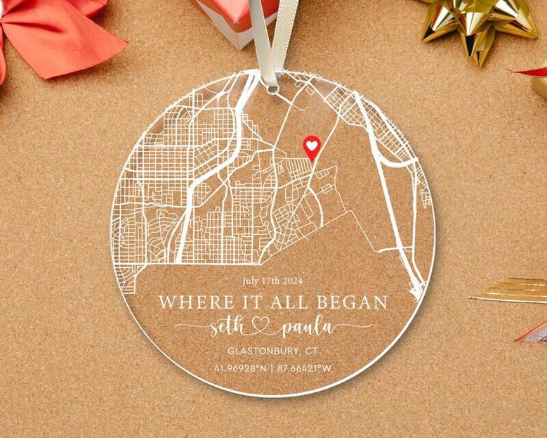 Personalized Acrylic Ornament - Where We Met Map For Couples, Engagement Memory Gift, Holiday Decor