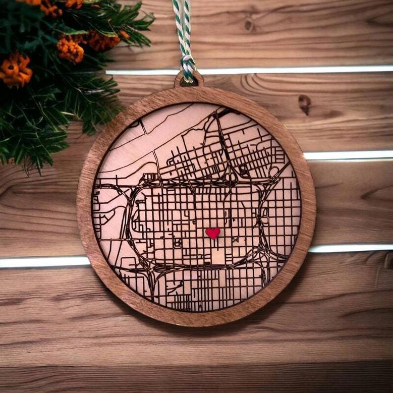 Personalized Where We Met Wooden Ornament - Engagement Memory Gift, City Grid Map For Neighborhood Decor